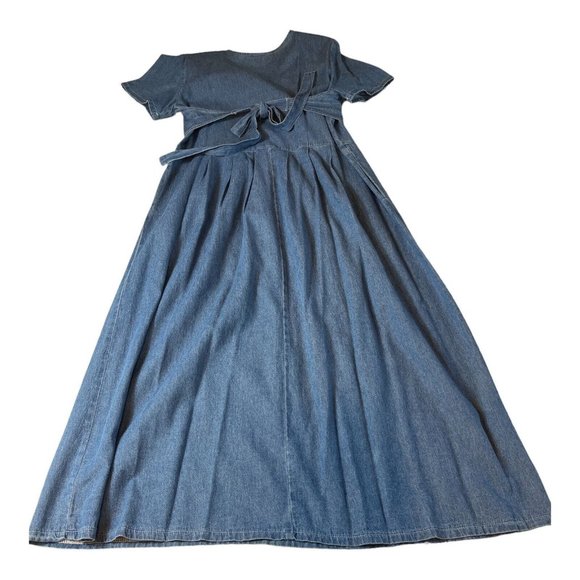 Vintage Farmhouse Cottage Core Modest Denim Maxi Dress Embroidered Vest LARGE - Picture 6 of 8